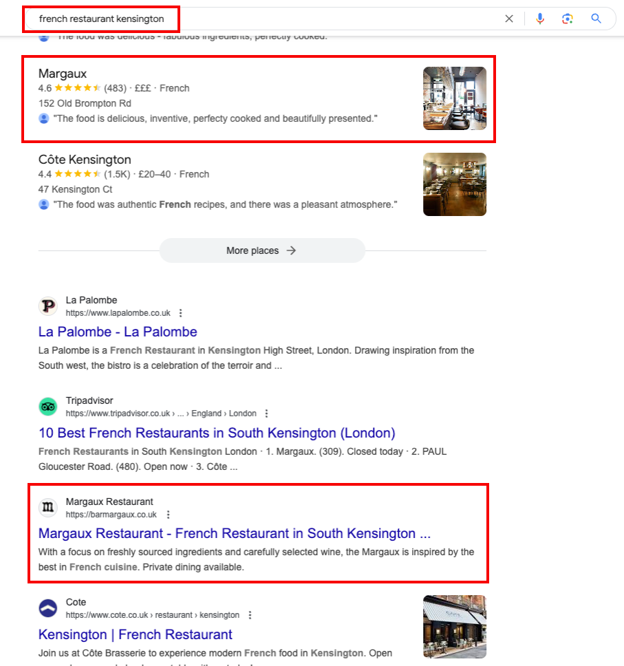 Margaux Restaurant is ranking for organic keywords